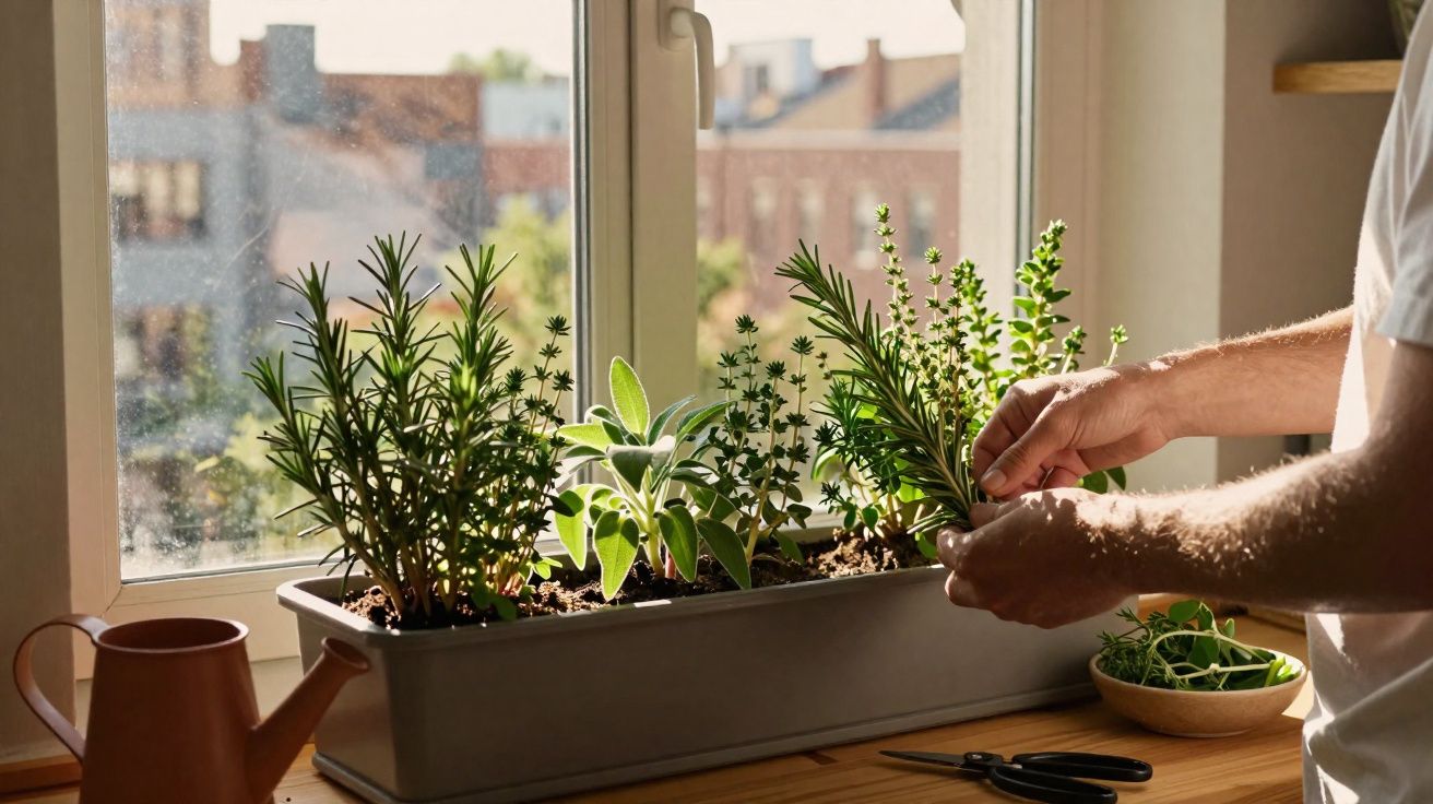 Pessoa cuidando de plantas aromáticas em vaso na janela com regador e tesoura ao lado.