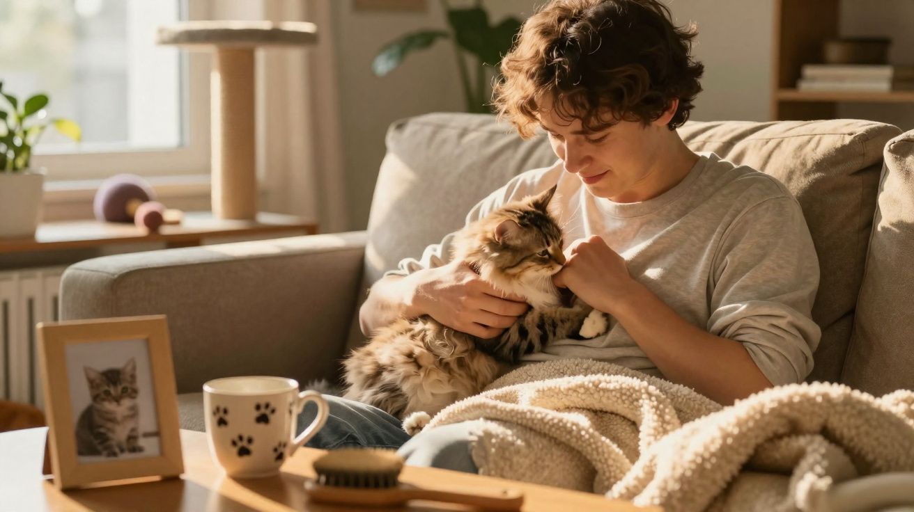 Jovem sentado no sofá acariciando um gato peludo em ambiente aconchegante e iluminado.