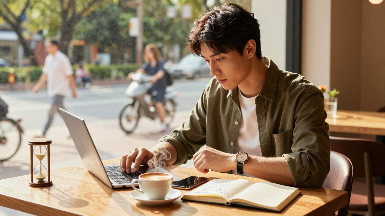 Homem jovem trabalhando em laptop com café e caderno em mesa de cafeteria iluminada pela luz natural.