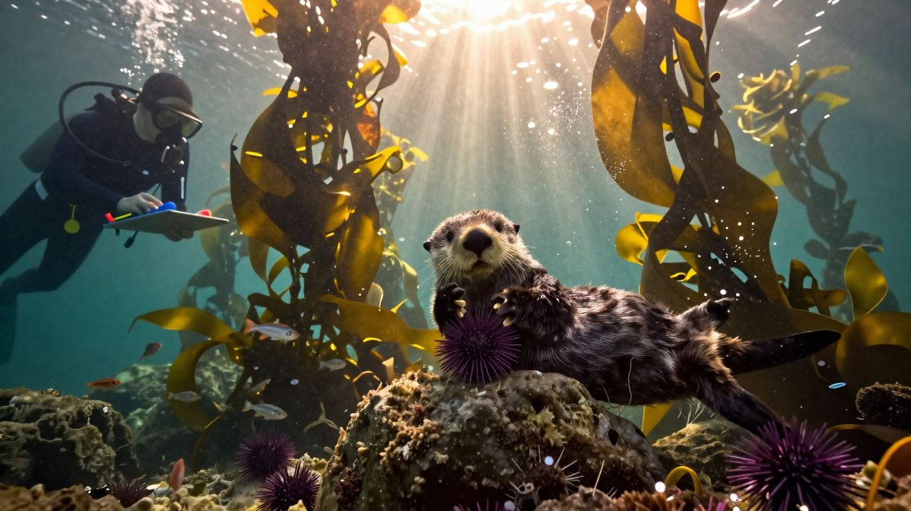 Lontra marinha segurando ouriço-do-mar em recife com mergulhador anotando ao fundo.