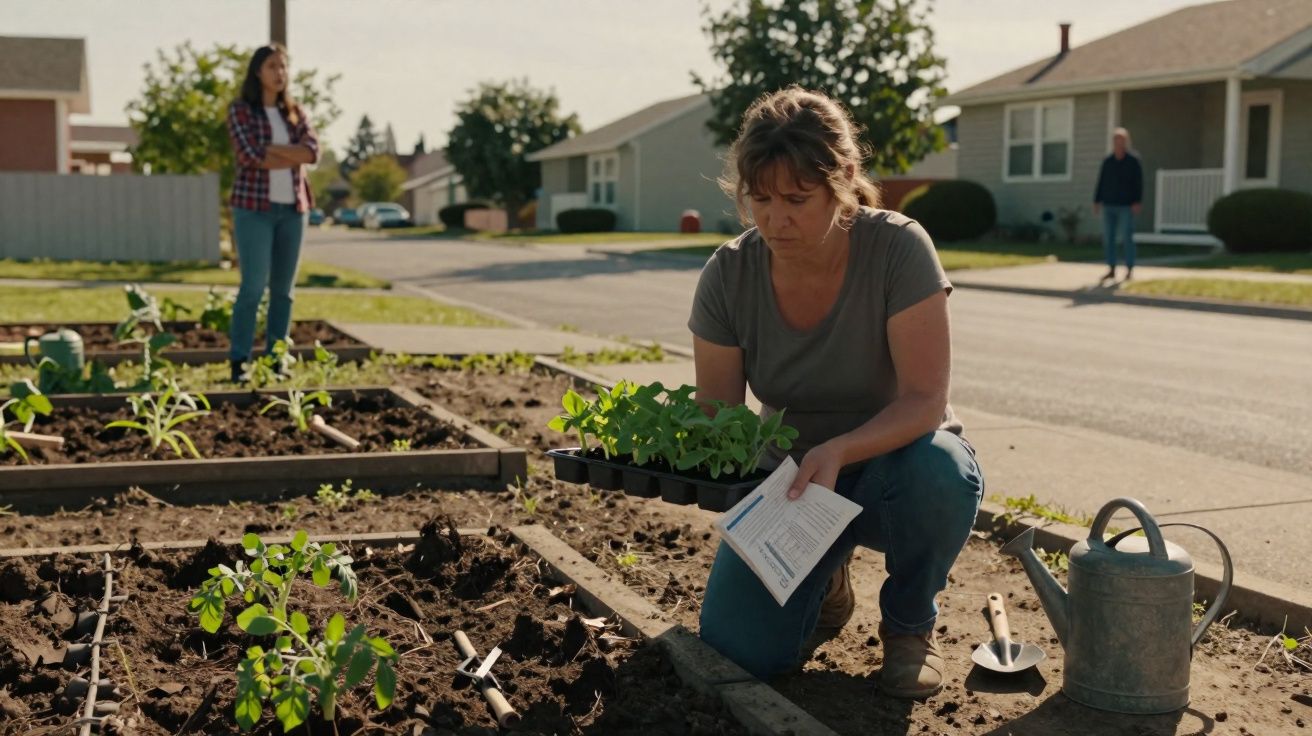 Mulher ajoelhada segurando mudas em jardim comunitário, com outras pessoas e casas ao fundo.