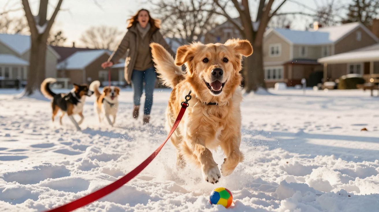 Cachorro dourado correndo na neve atrás de bola colorida, com mulher e dois cães ao fundo em parque.