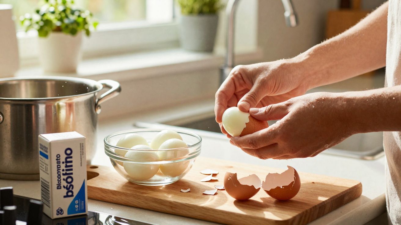 Pessoa descascando ovo cozido na cozinha com potes e ingredientes ao fundo.