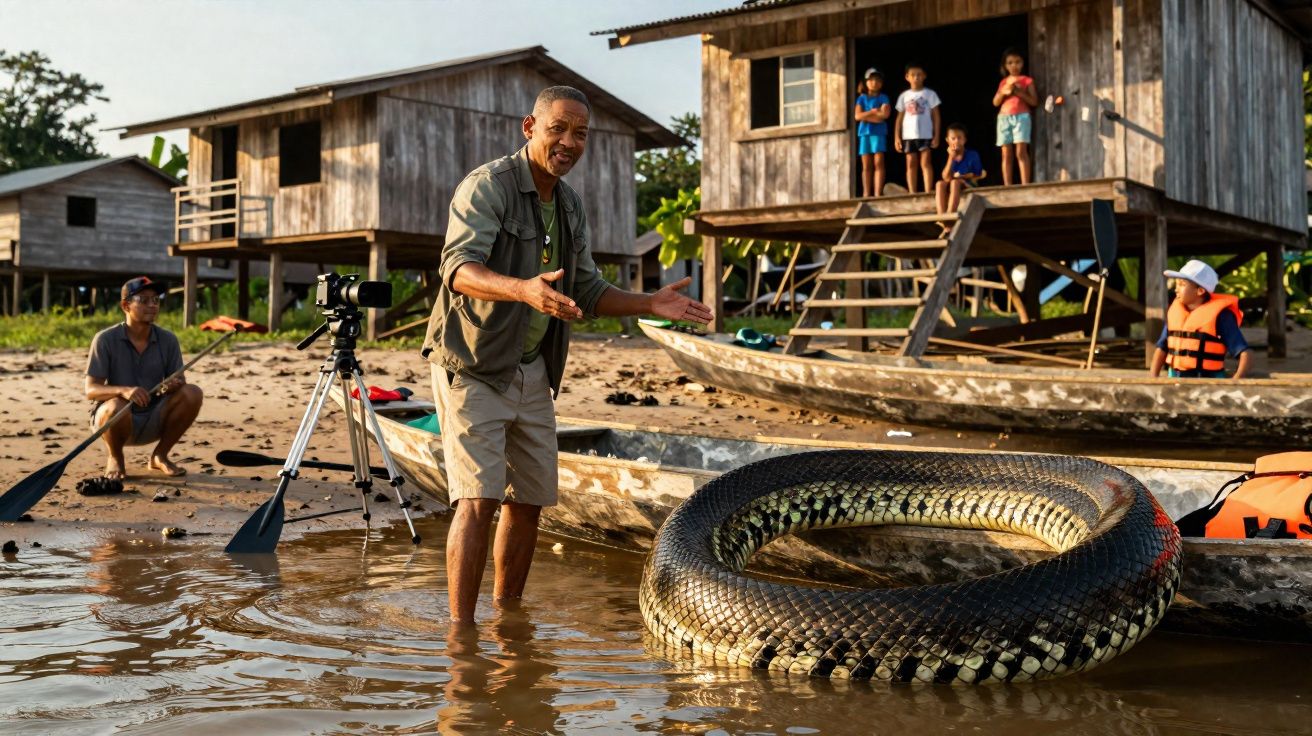 Homem em rio segura grande sucuri enrolada ao lado de canoas, com casas de madeira e pessoas ao fundo.