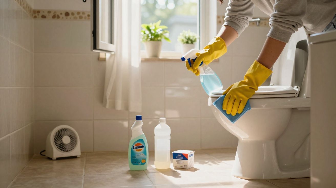 Pessoa com luvas amarelas limpando vaso sanitário com produtos de limpeza em banheiro iluminado.
