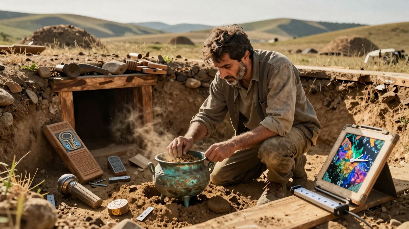 Homem agachado em trincheira manipulando panela enquanto é cercado por aparelhos eletrônicos e cenário campestre.