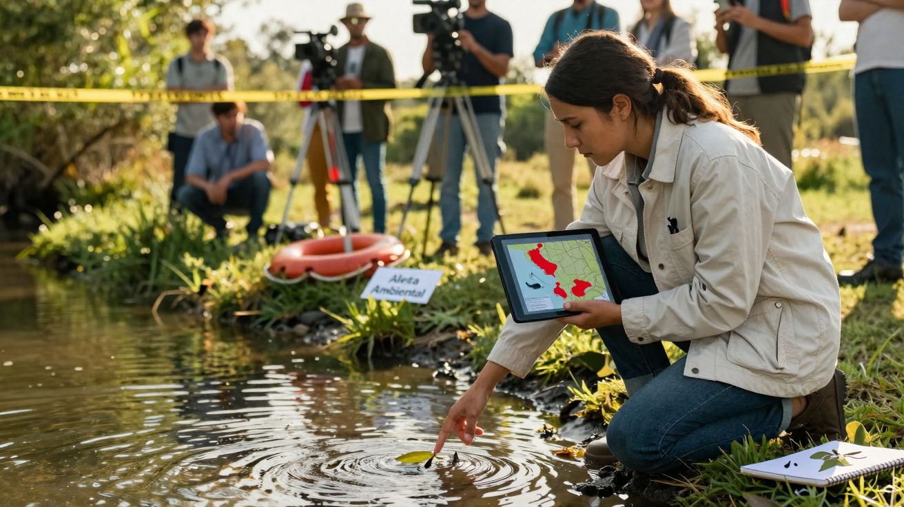 Mulher coleta amostra de água em lagoa com tablet em mãos e equipe registra cena ao fundo em área externa.