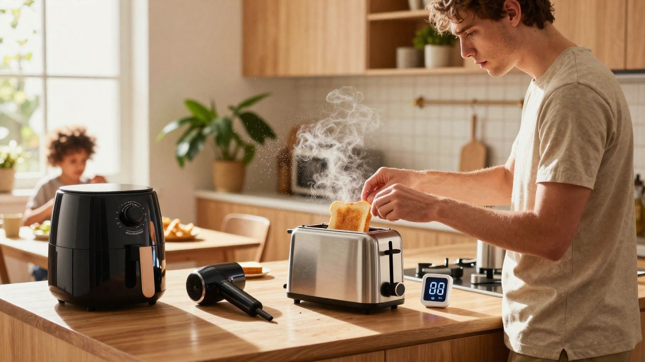 Homem tirando torrada quente da torradeira em cozinha moderna com criança ao fundo.