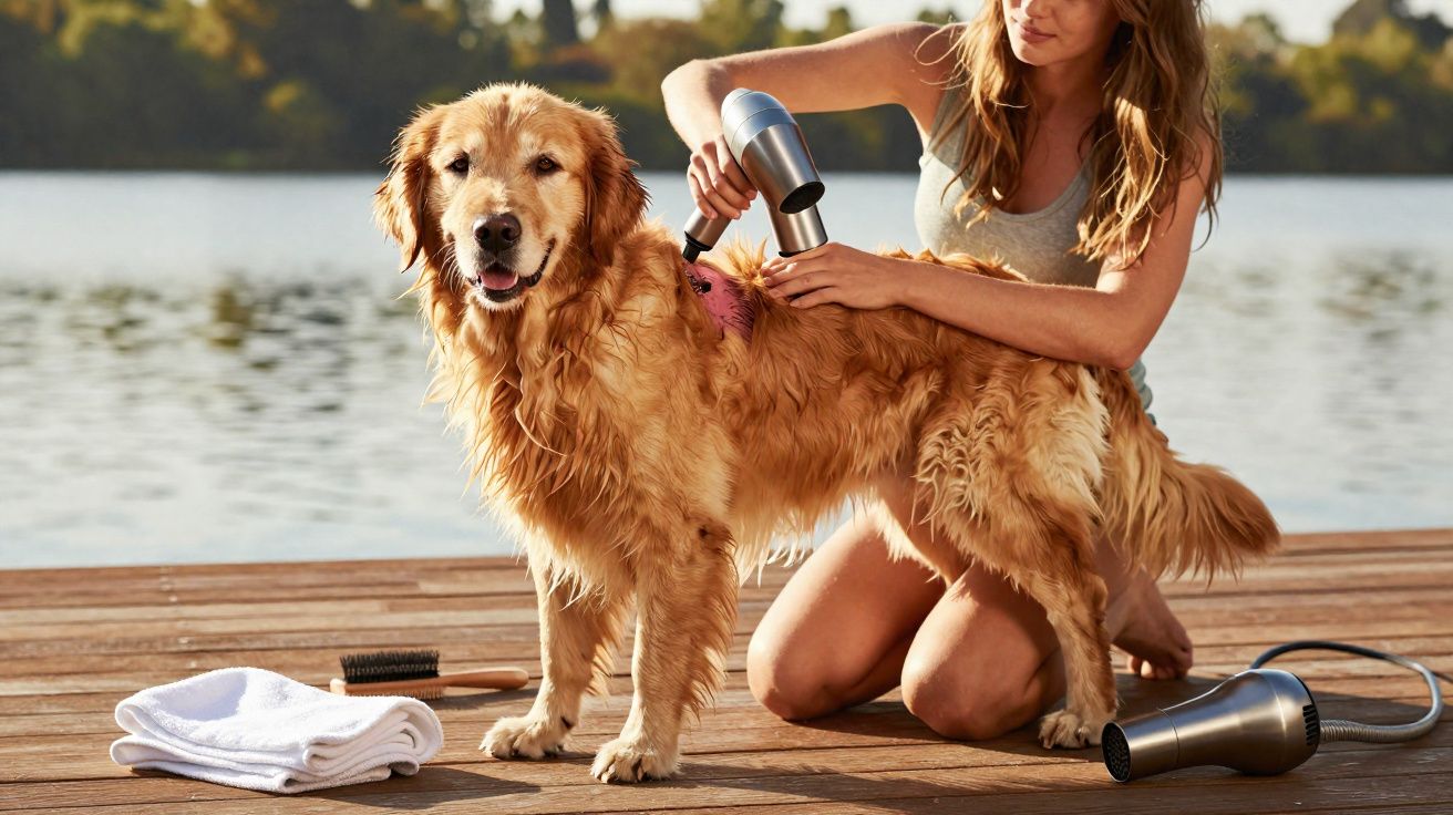Mulher seca pelo de cachorro dourado com secador em deck próximo a lago ao ar livre.