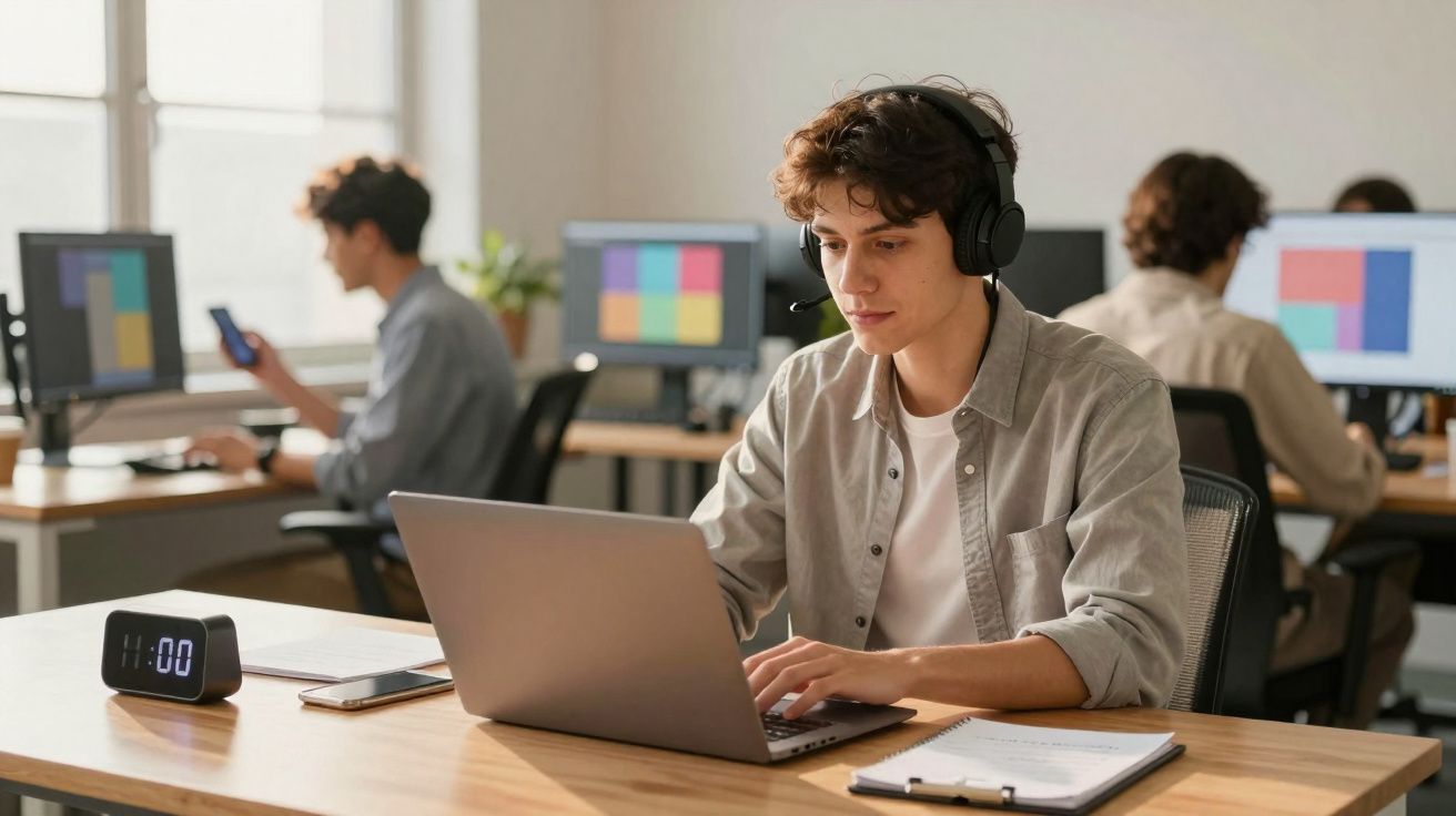 Jovem usando fone de ouvido trabalha em laptop em escritório com outras pessoas ao fundo.