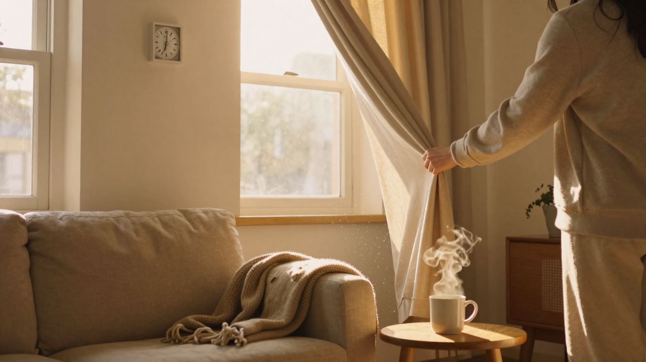 Pessoa abrindo cortina em sala com sofá bege e xícara de bebida quente em mesa ao lado.