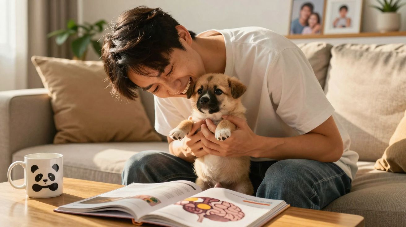 Jovem sentado no sofá segurando um filhote de cachorro enquanto lê livro sobre cérebro na mesa.