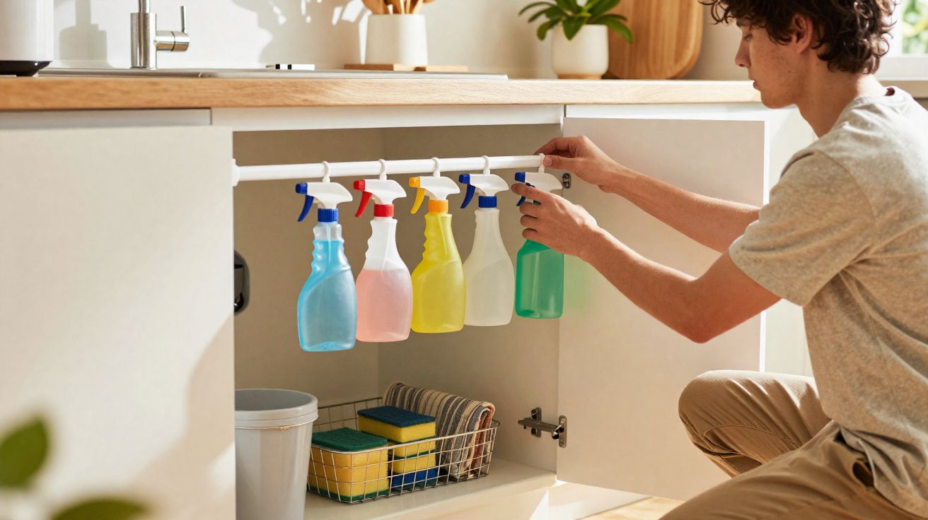 Pessoa organizando frascos de spray coloridos pendurados dentro de armário de cozinha abaixo da pia.