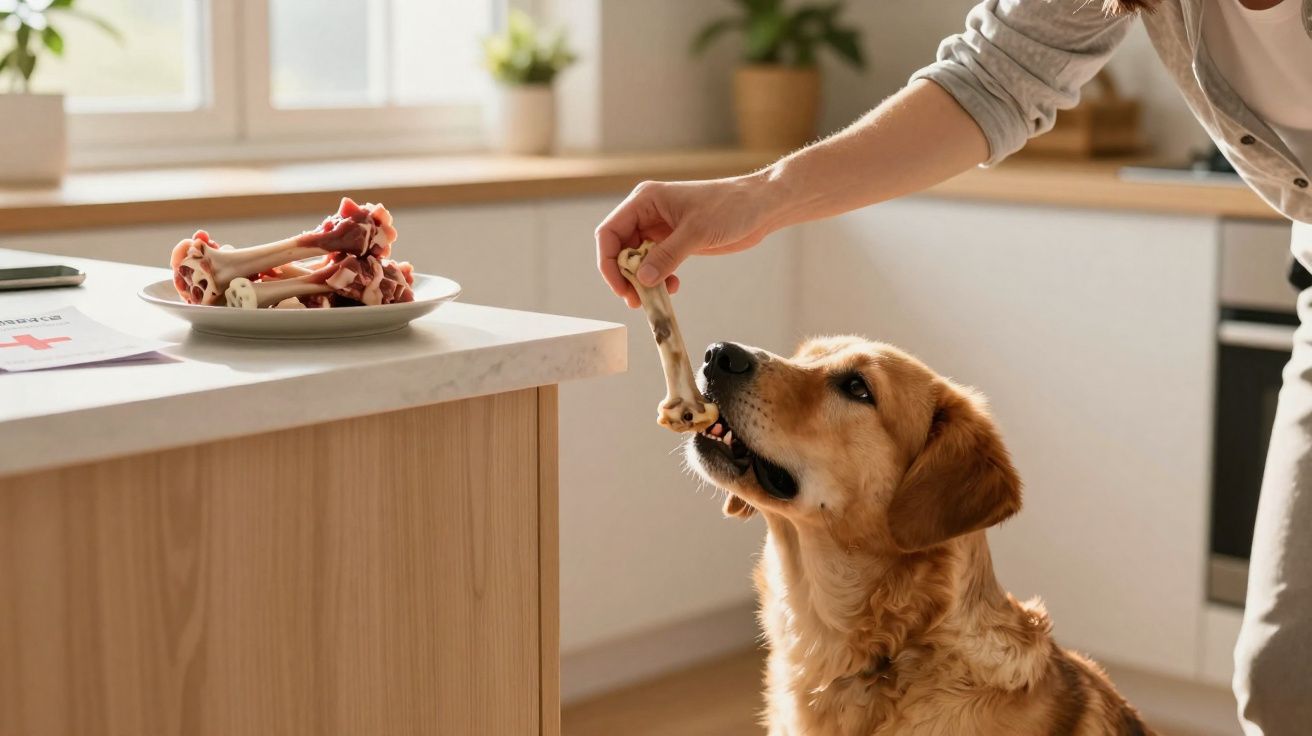 Pessoa entregando um osso para um cachorro dourado na cozinha com prato cheio de ossos ao fundo.