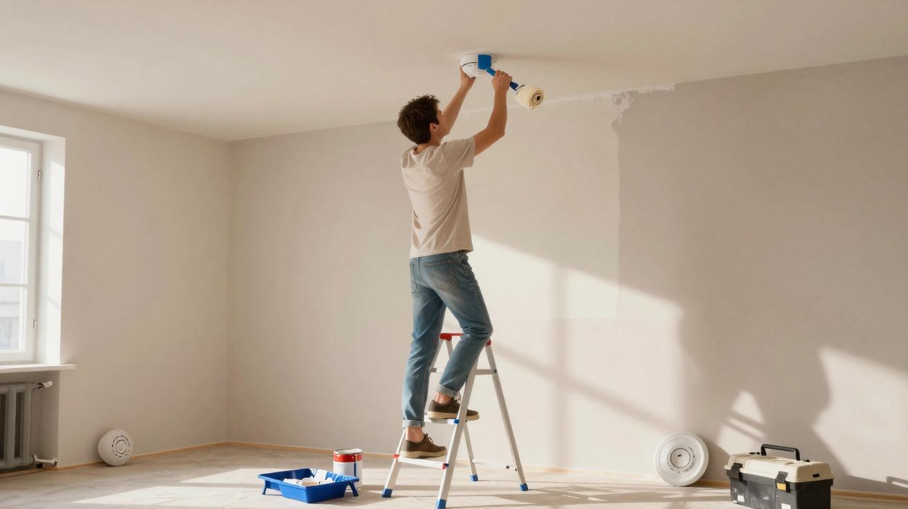 Homem em escada pintando teto branco em ambiente claro e vazio, com ferramentas no chão.