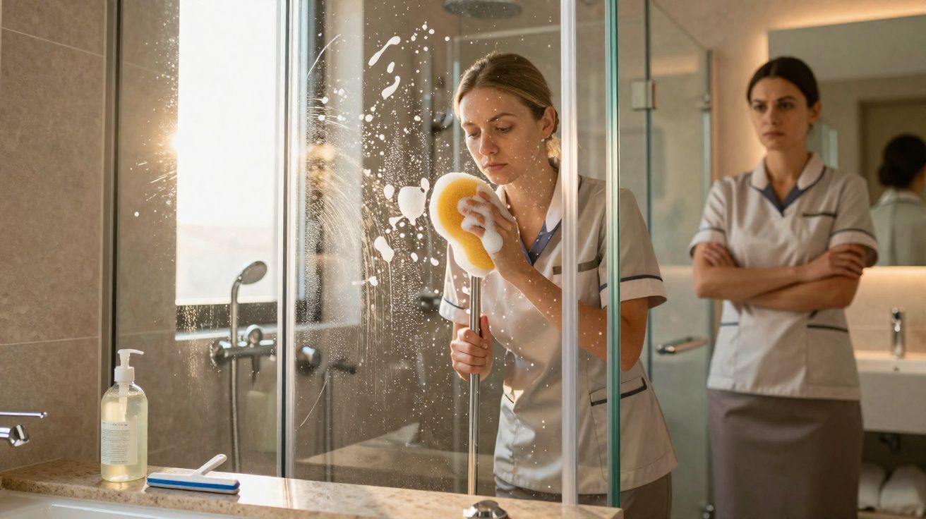 Mulher limpando vidro do box do banheiro enquanto outra observa com braços cruzados.