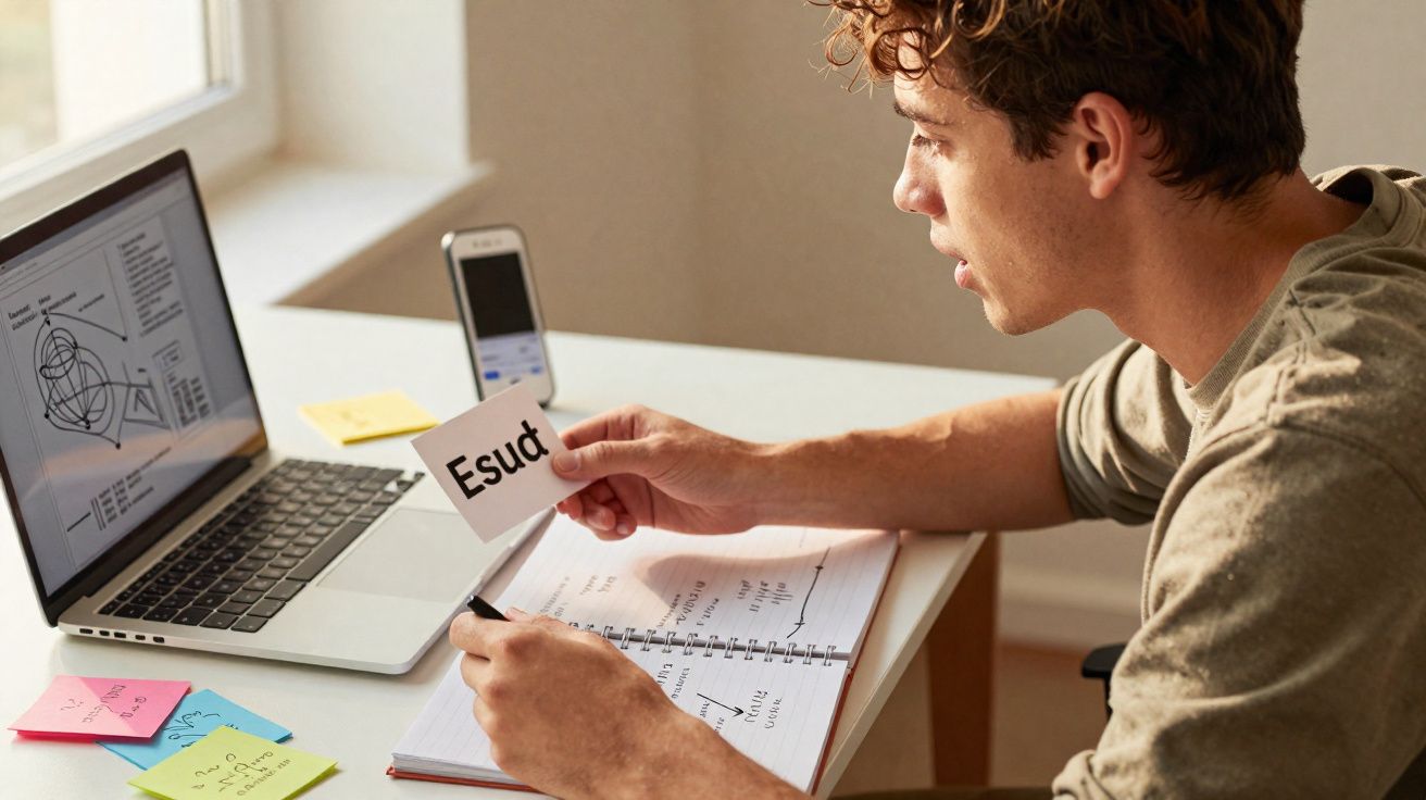 Jovem estudando em mesa com laptop, caderno e cartões de anotação com palavra "Esud".