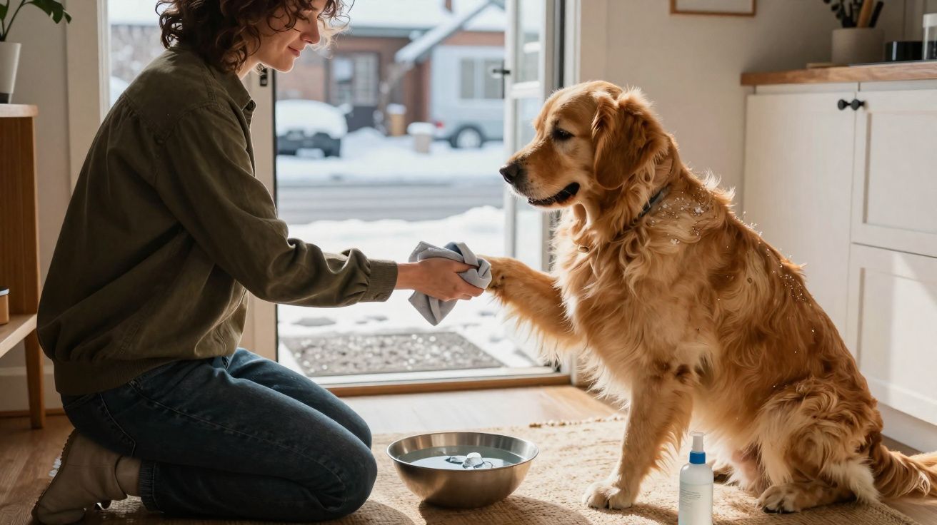 Mulher seca a pata de um cachorro Golden Retriever dentro de casa perto de uma tigela com gelo.