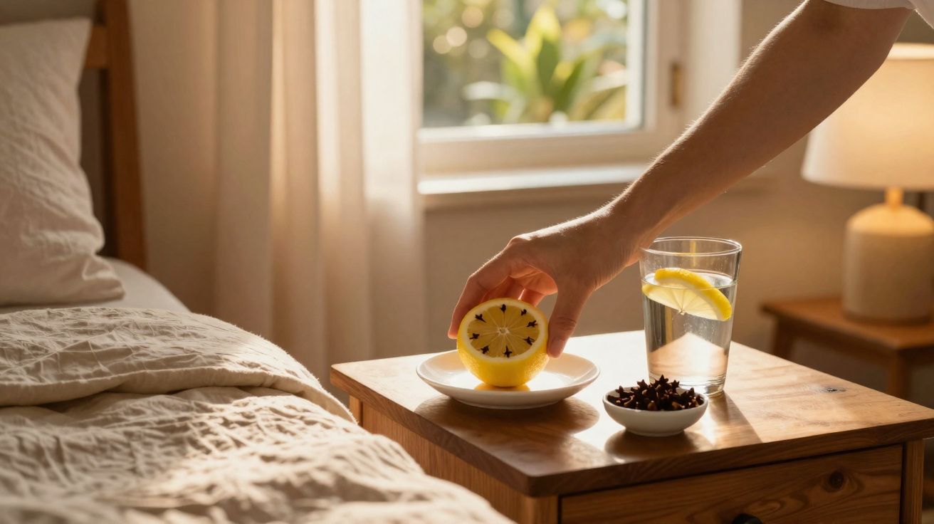 Mão segurando limão com cravos em prato na mesa ao lado da cama com copo de água e fatia de limão.