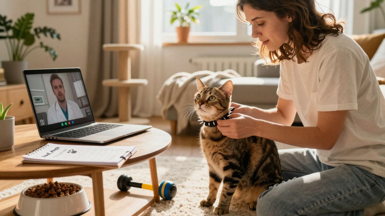 Mulher ajusta coleira de gato durante consulta veterinária por videochamada em laptop na sala.