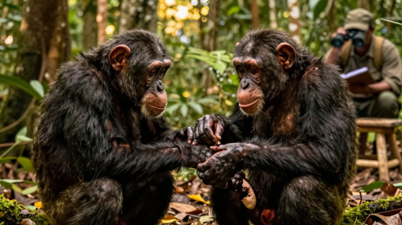 Dois chimpanzés interagindo na floresta com uma pessoa observando ao fundo.