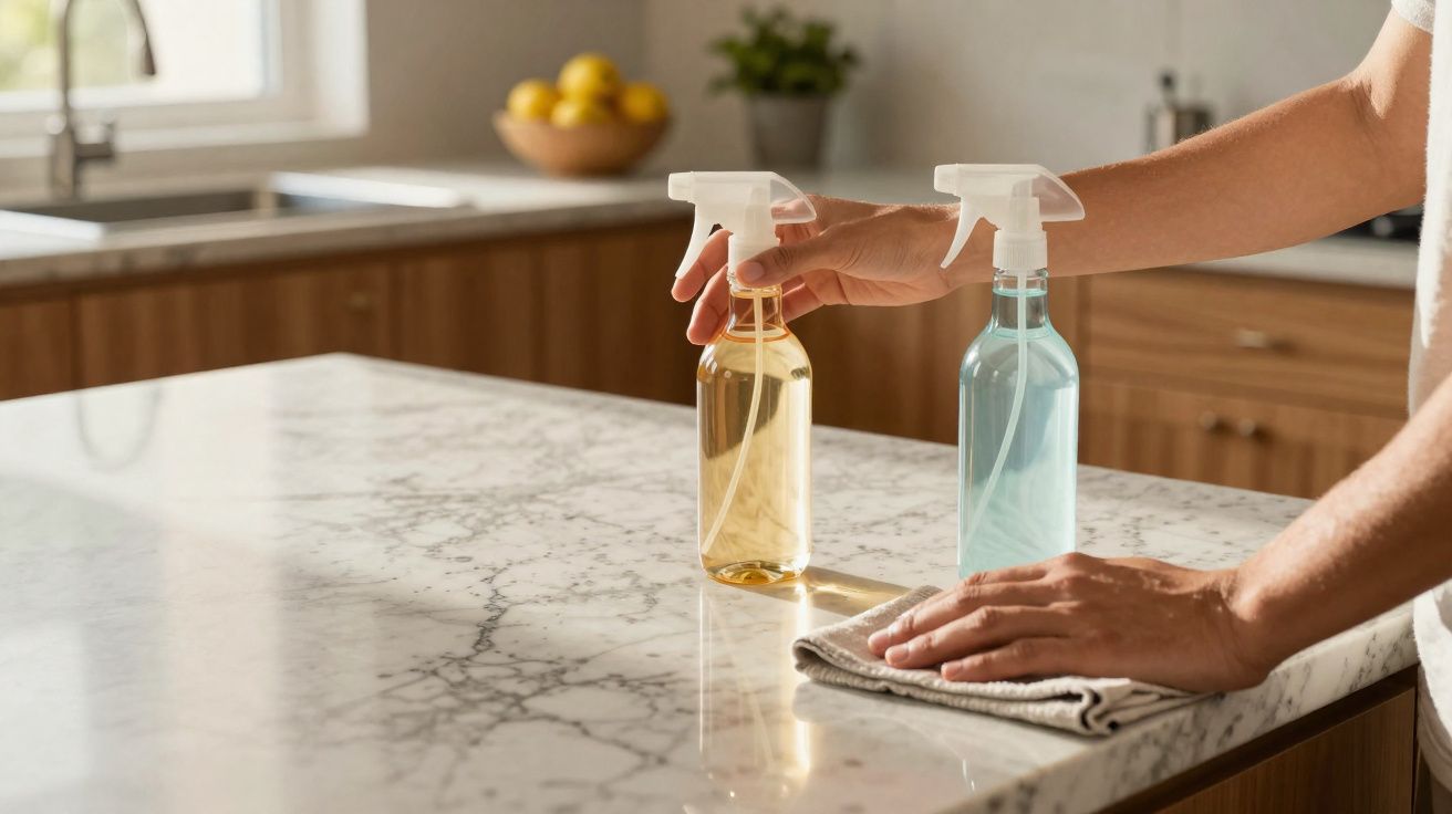 Mãos seguram borrifador e limpam bancada de cozinha de mármore com pano cinza.