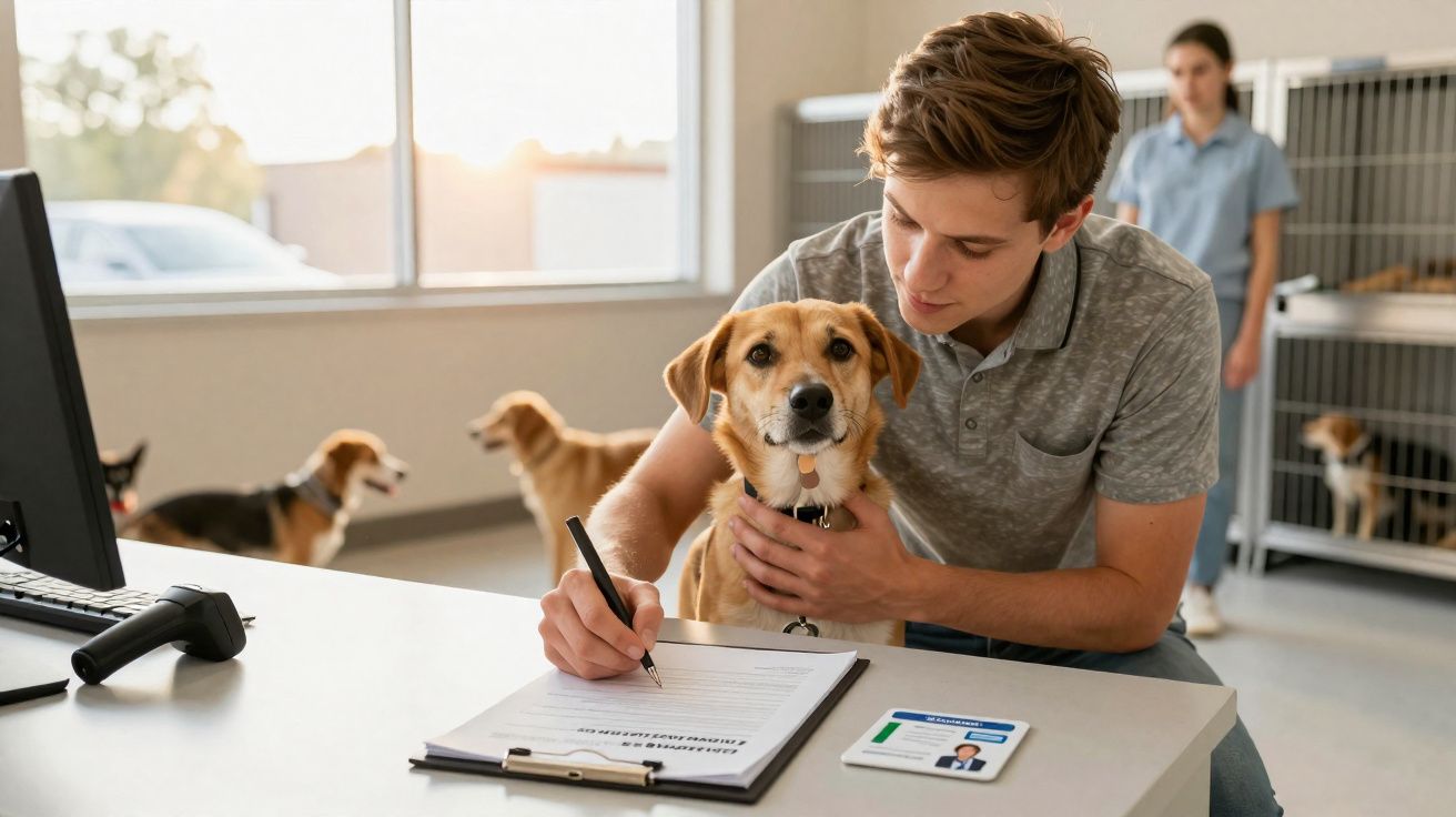Homem preenchendo formulário enquanto segura cachorro em clínica veterinária com outros cães ao fundo.