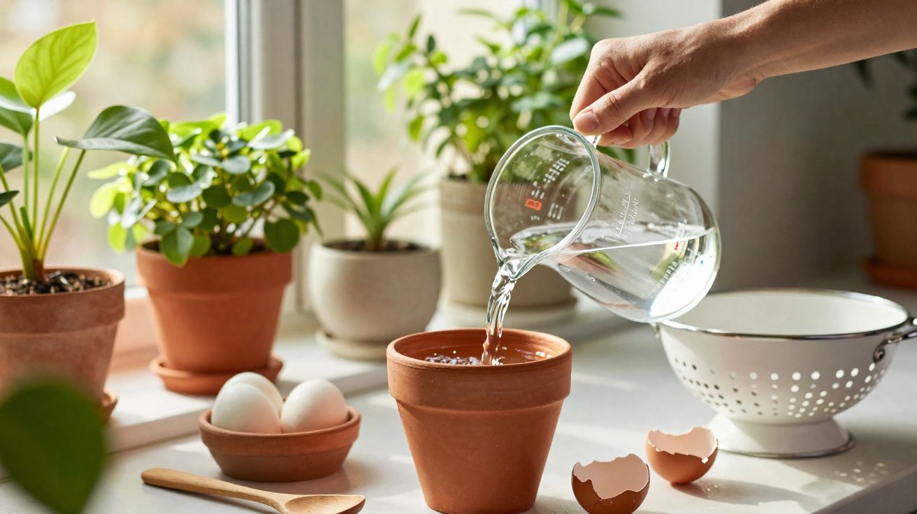 Pessoa regando planta em vaso de barro, cercada por plantas, ovos e utensílios na bancada.