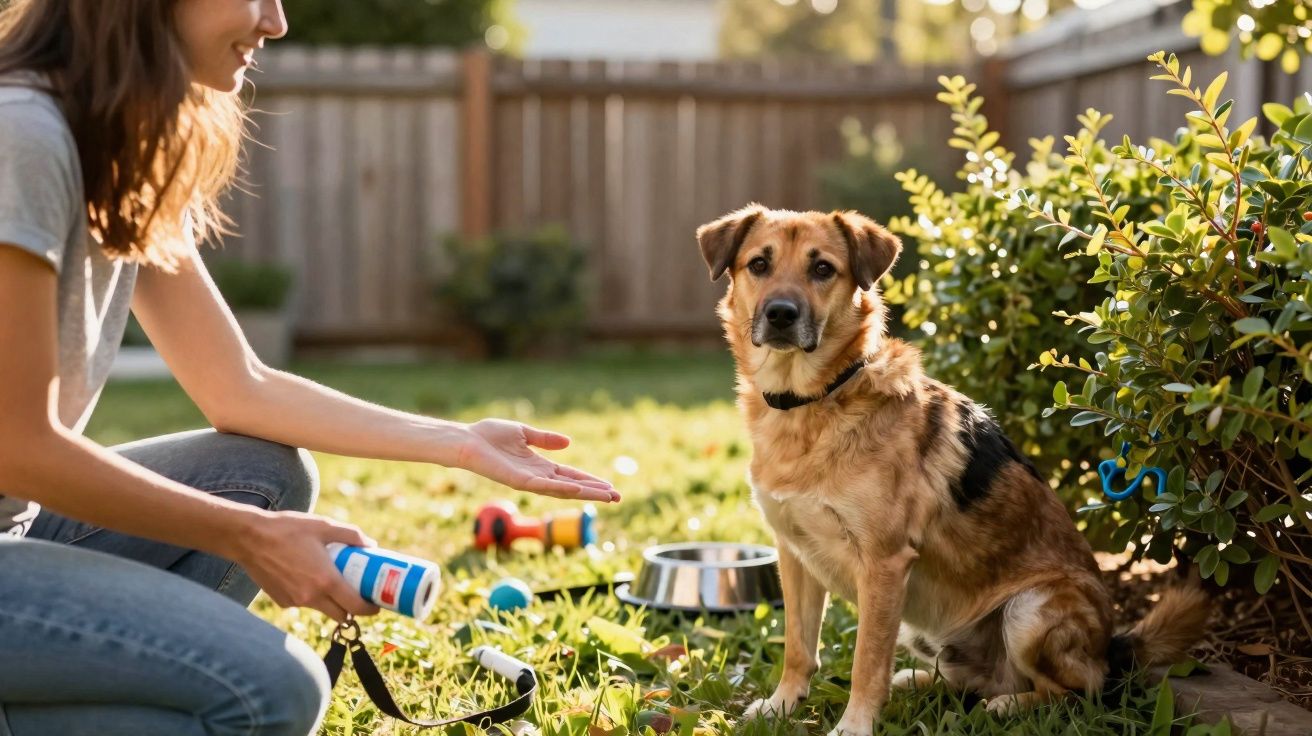 Mulher segurando remédio e ofertas para cachorro sentado no jardim atrás de cerca de madeira.
