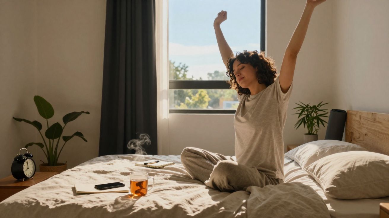 Mulher acordando na cama e espreguiçando em quarto iluminado com janela e plantas ao fundo.