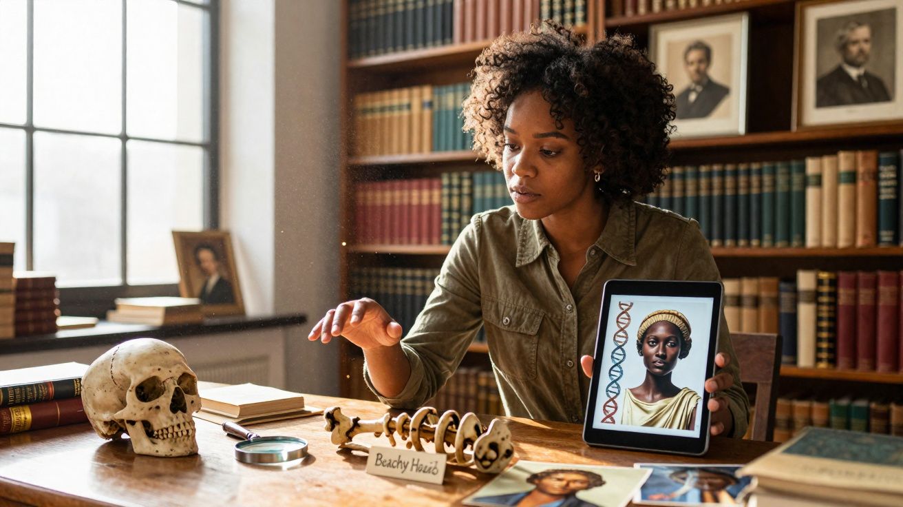 Mulher negra em biblioteca analisa esqueleto e mostra imagem digital de DNA e retrato histórico.