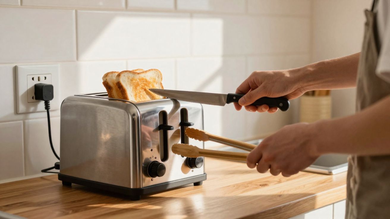 Pessoa segurando faca e pegador para retirar fatias de pão tostado de uma torradeira na cozinha.