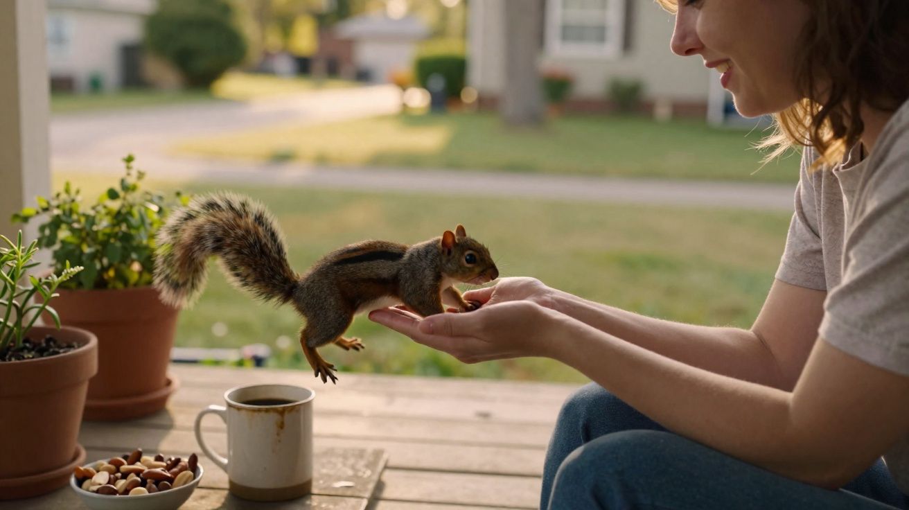 Mulher sorrindo alimenta esquilo que pula em suas mãos em varanda com plantas e mesa.