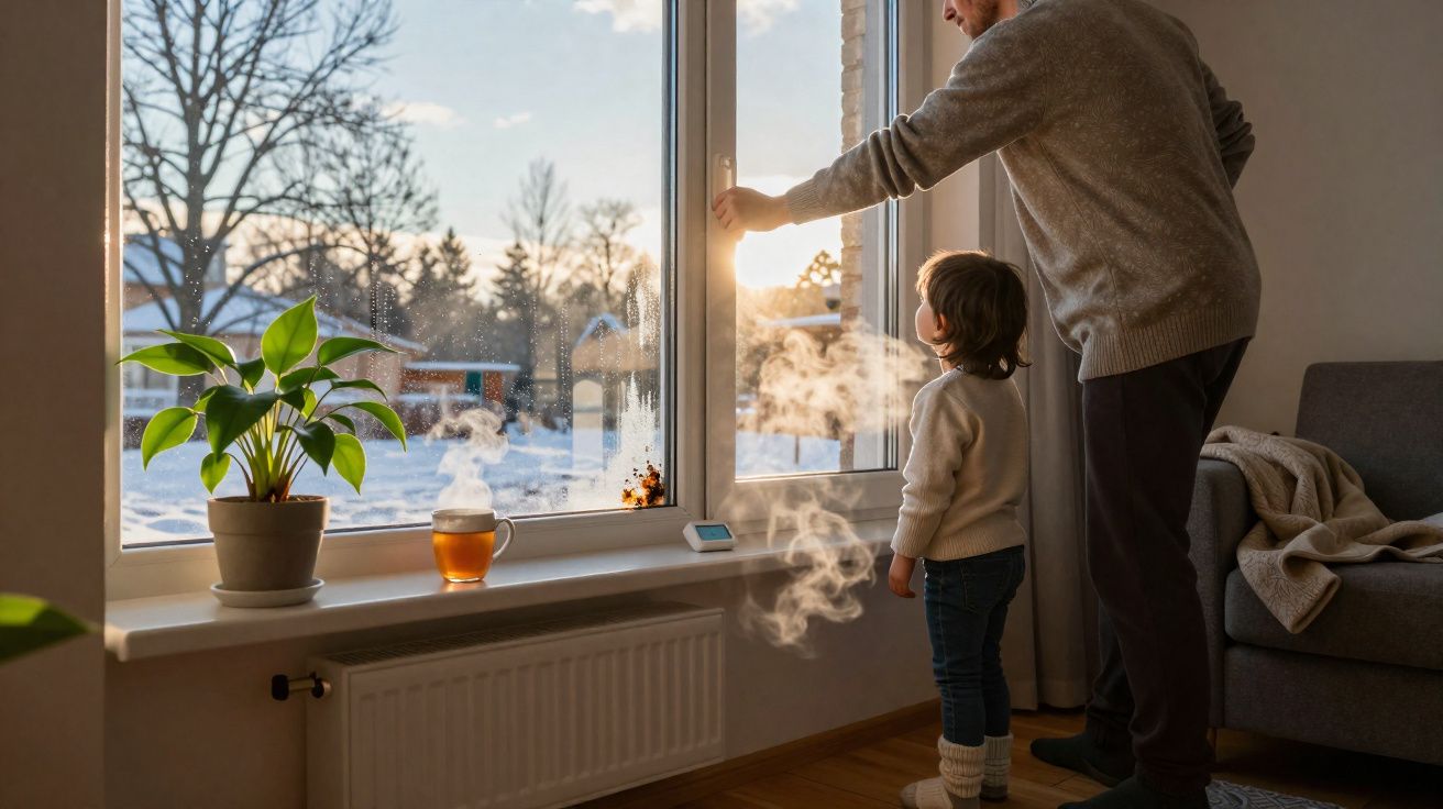Homem abre janela para criança observar árvores e casa cobertas de neve ao entardecer.
