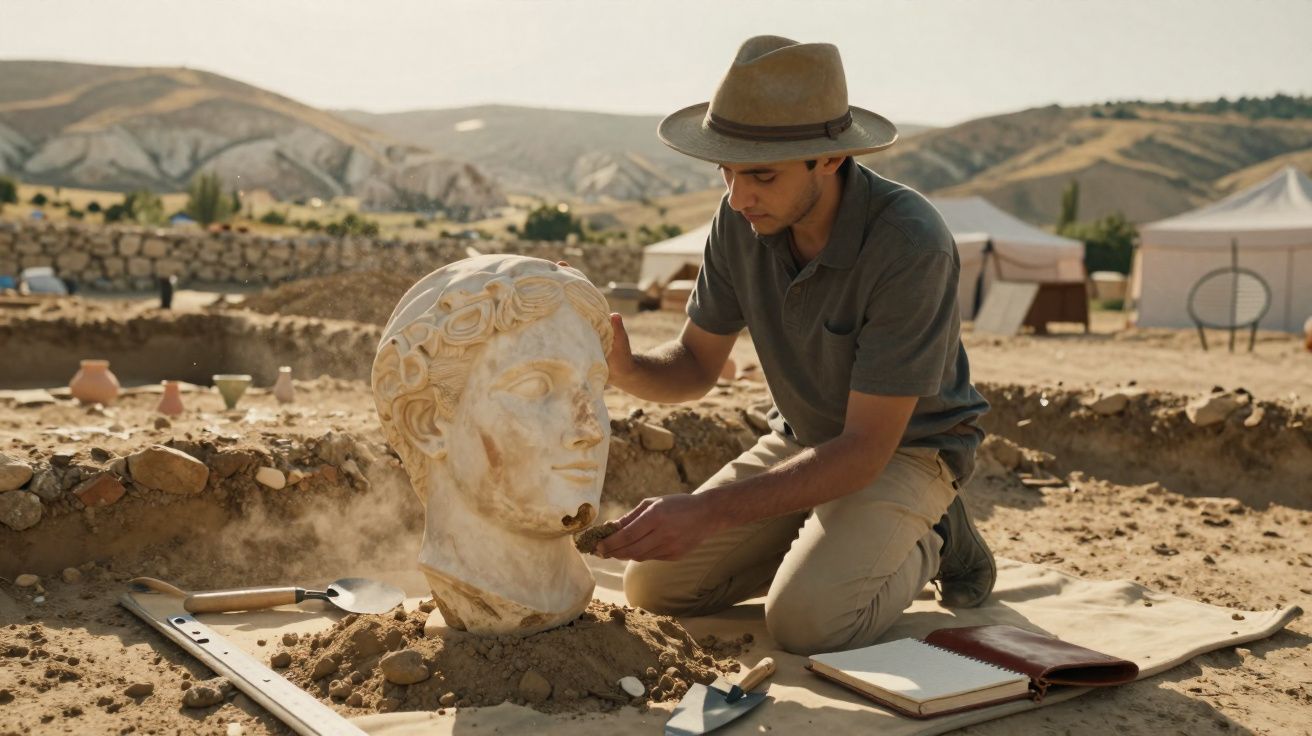 Arqueólogo escava e limpa escultura de cabeça antiga em sítio arqueológico ao ar livre.