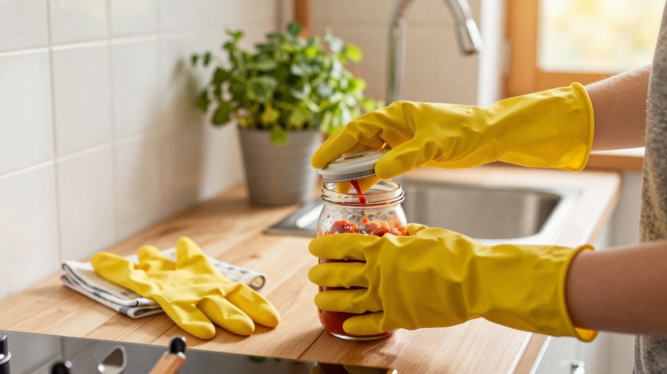 Pessoa com luvas amarelas fechando um pote de vidro com tomates em uma cozinha iluminada.