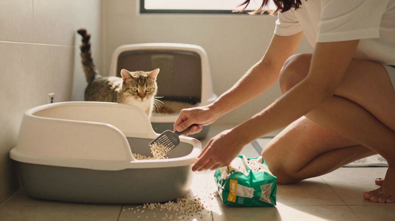 Pessoa limpando a caixa de areia de um gato em um ambiente iluminado por luz natural.