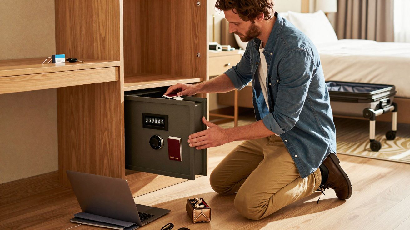Homem ajoelhado guardando dinheiro em cofre em quarto de hotel moderno com mala e laptop no chão.