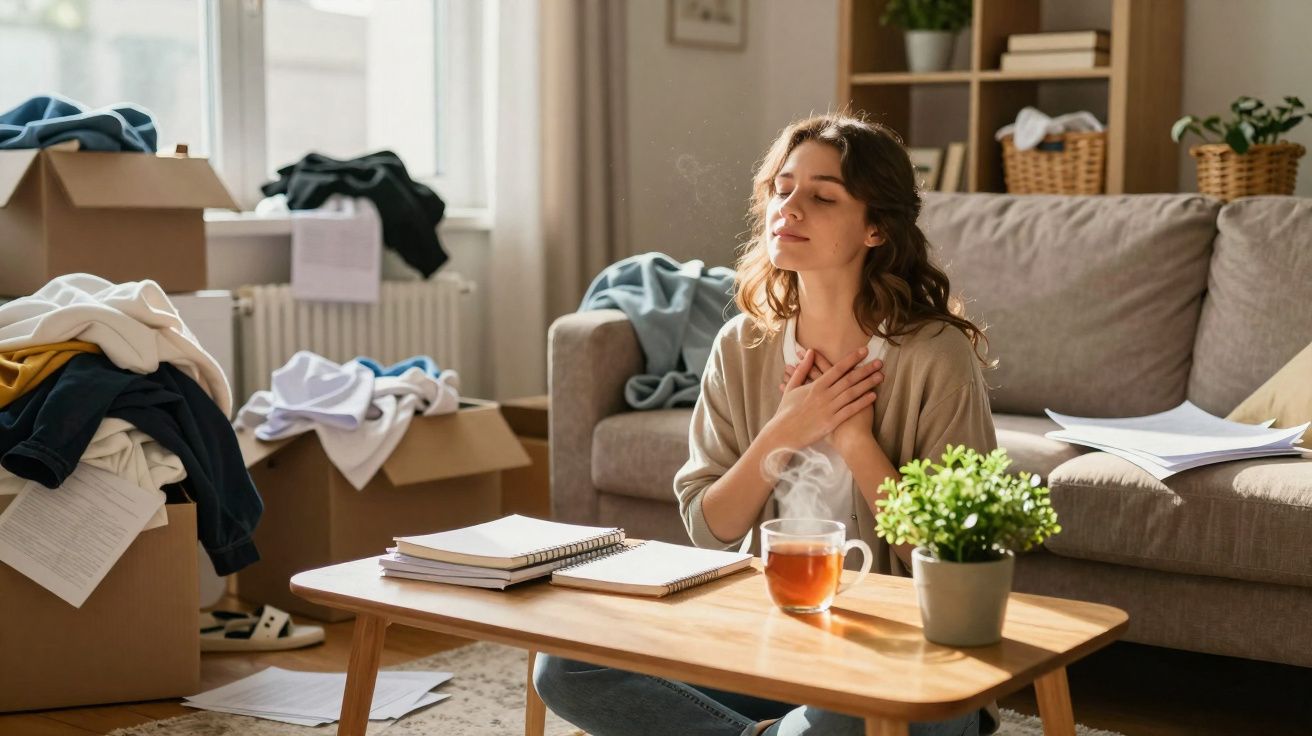 Mulher sentada no chão de sala bagunçada, com as mãos no peito e xícara de chá na mesa à frente.