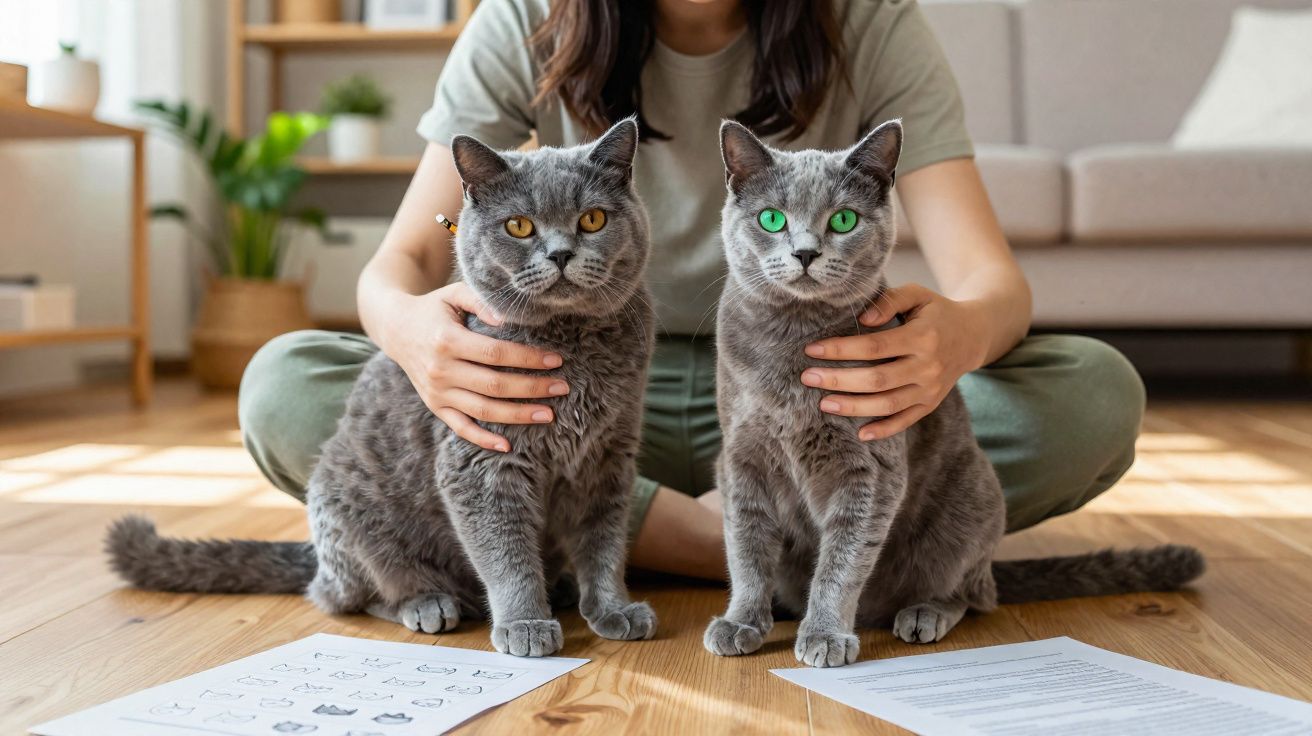 Pessoa sentada no chão abraçando dois gatos cinzas com olhos amarelo e verde, ao lado de papéis.