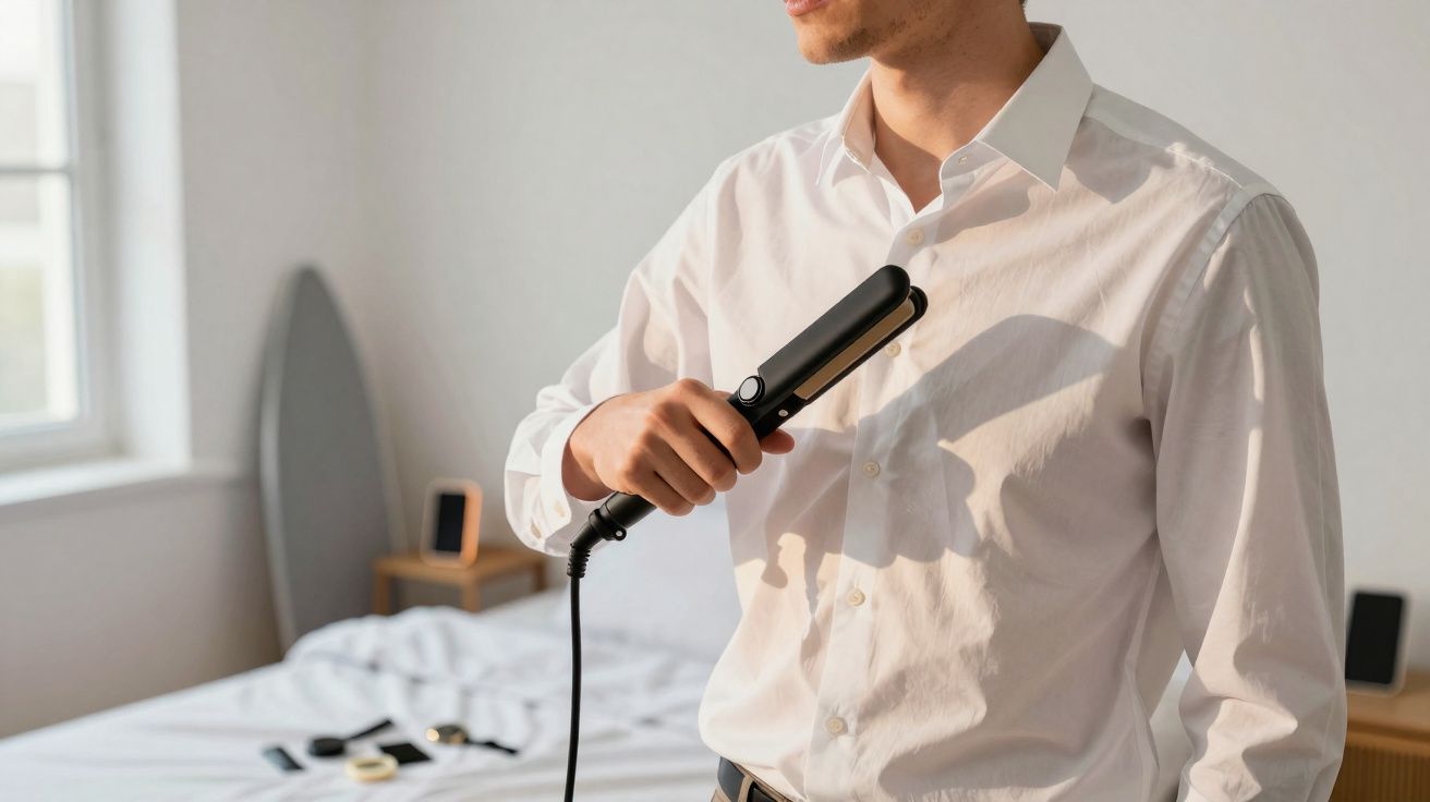 Homem passando chapinha de cabelo na barba usando camisa branca em quarto iluminado.