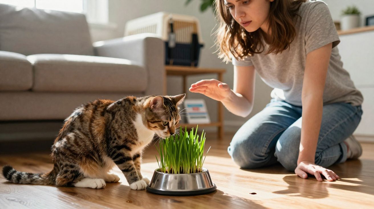 Mulher agachada observa gato comendo planta em pote no chão de sala iluminada.