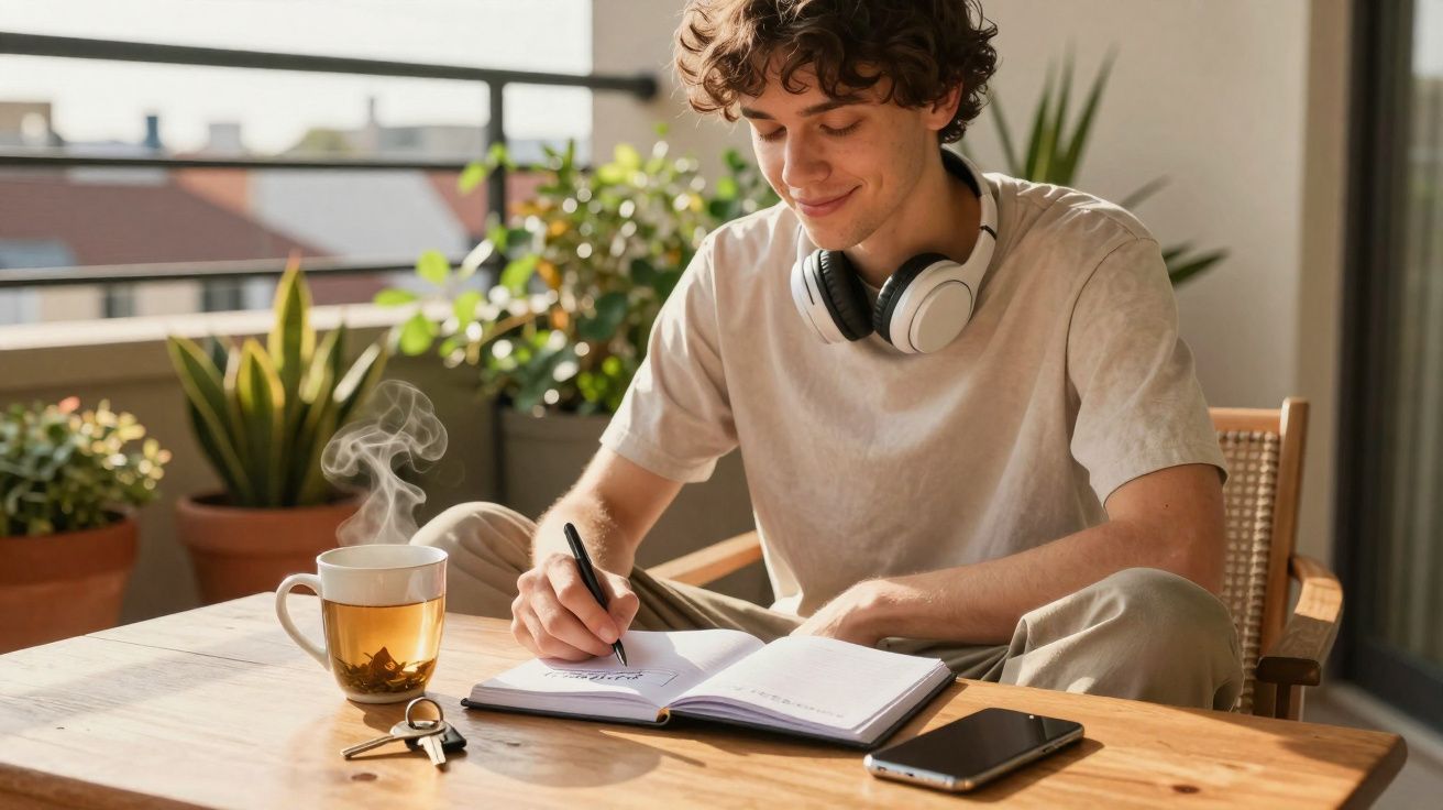 Jovem sentado à mesa, escrevendo em caderno com fones no pescoço, xícara de chá fumegante e plantas ao fundo.
