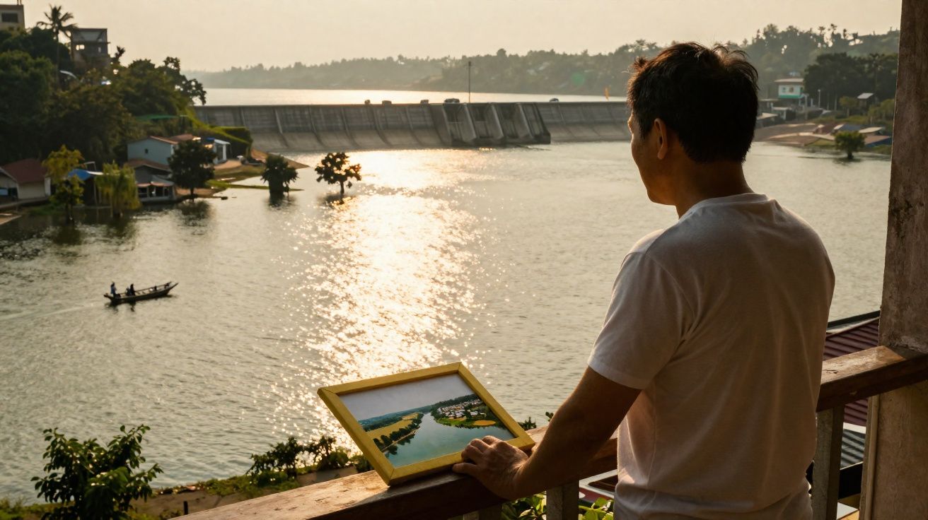 Homem de camiseta branca observa o pôr do sol em rio com represa, segurando uma foto da paisagem.