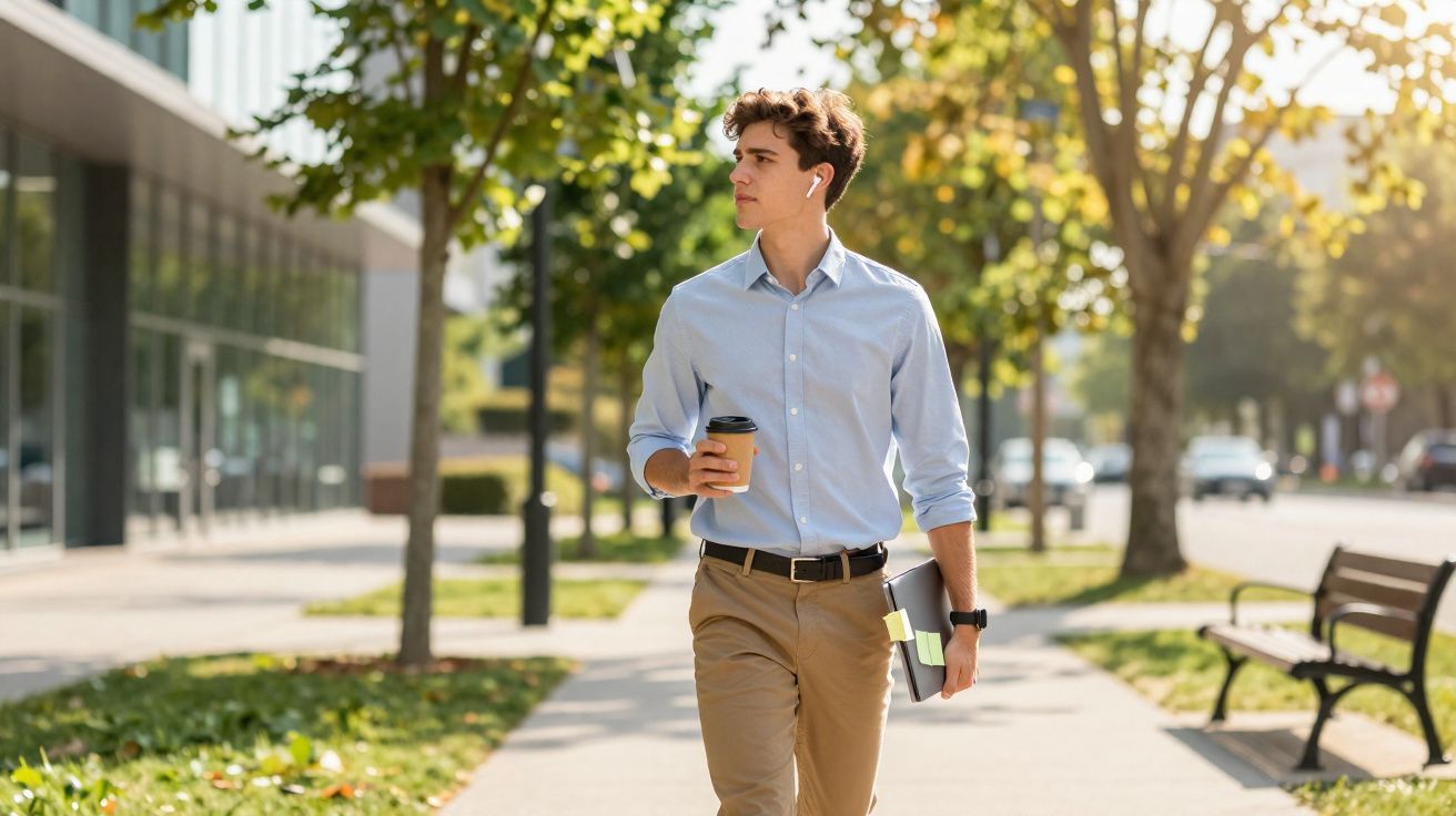Homem jovem caminhando ao ar livre com café, fones de ouvido e pasta em dia ensolarado.