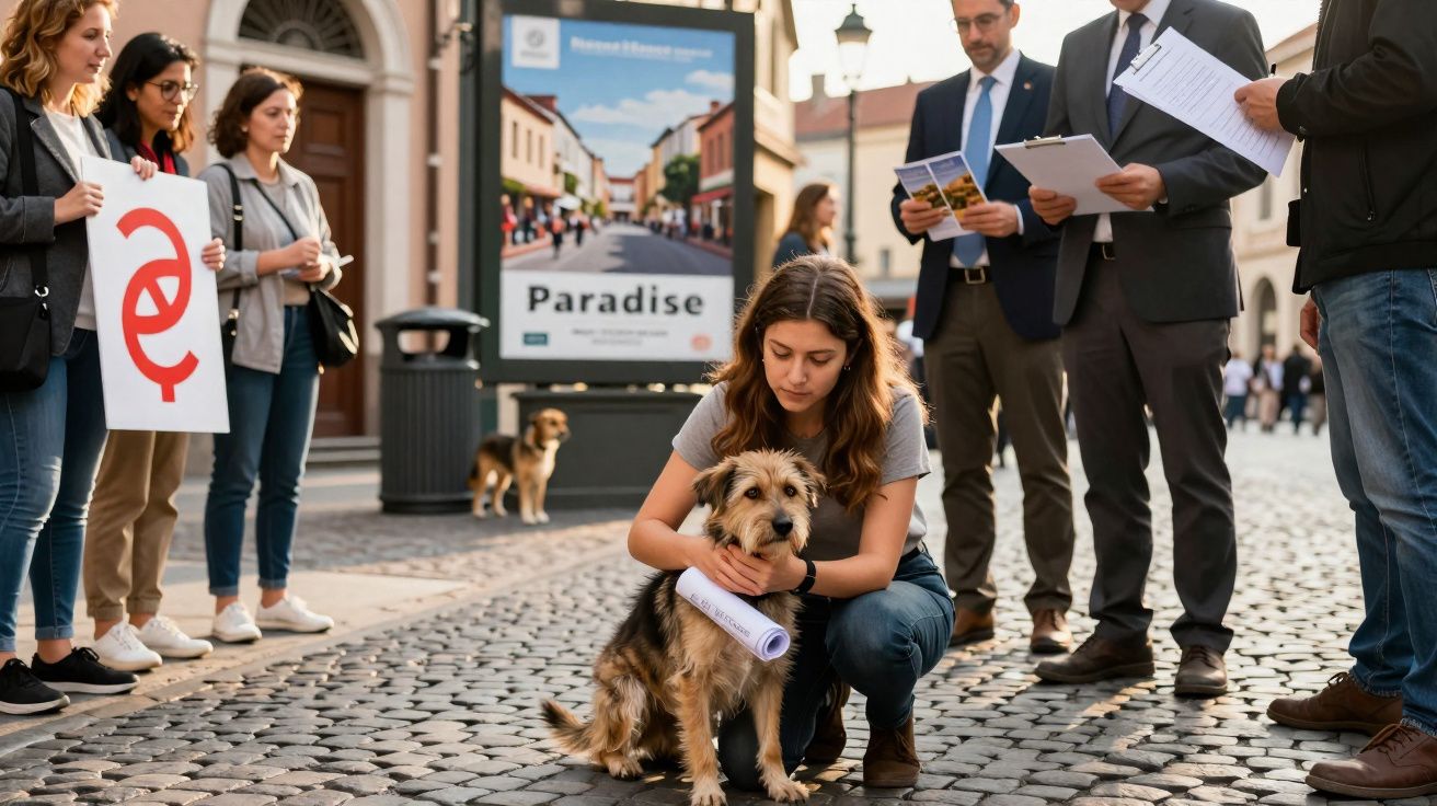 Jovem agachada acaricia cachorro em rua de paralelepípedo com pessoas segurando cartazes e documentos ao redor.
