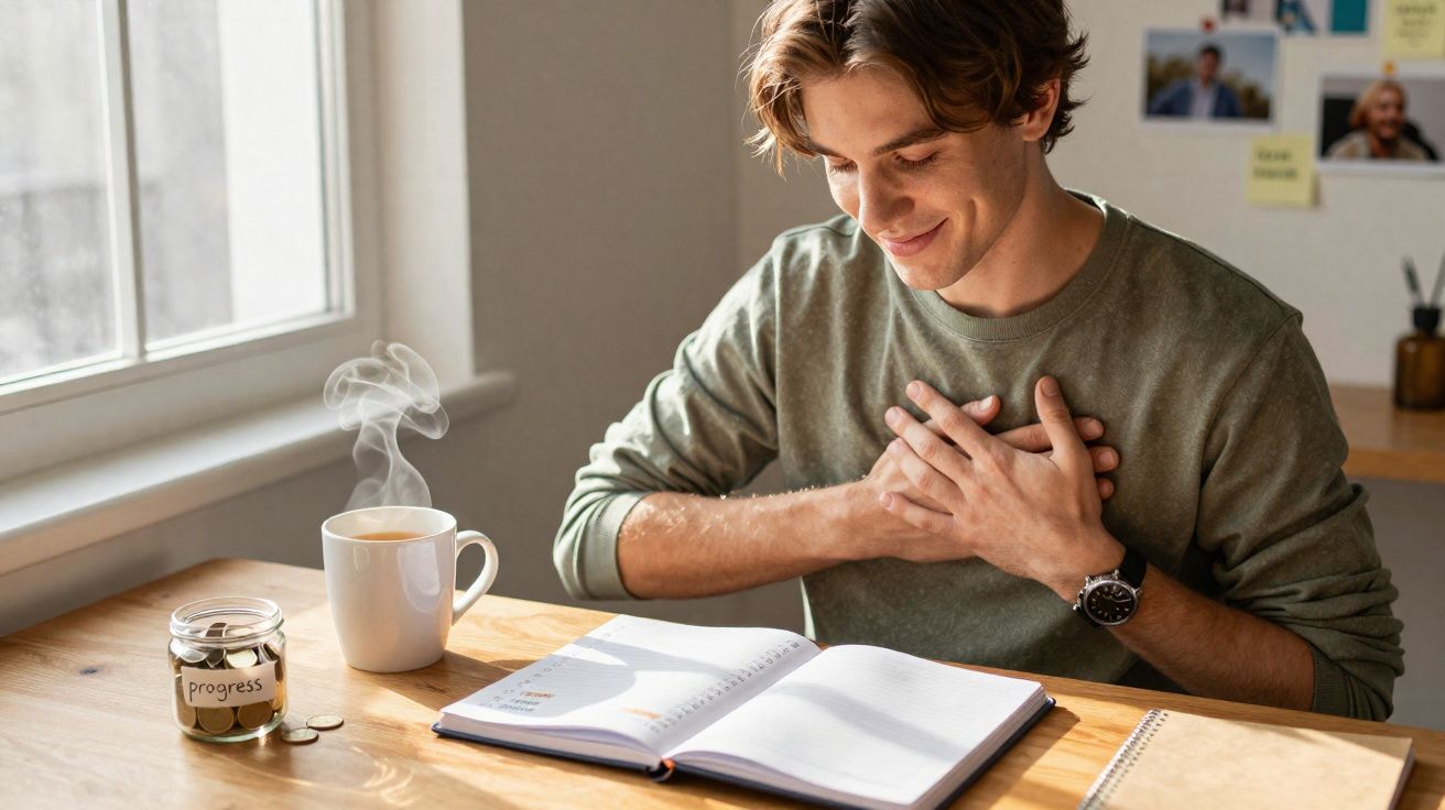 Homem sorrindo e segurando as mãos no peito sentado à mesa com caderno aberto, café e pote de moedas.