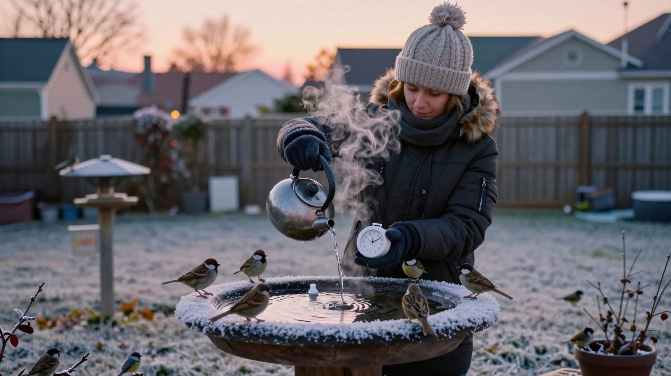 Pessoa com roupa de inverno despeja água quente em fonte cercada por pardais em jardim ao amanhecer.