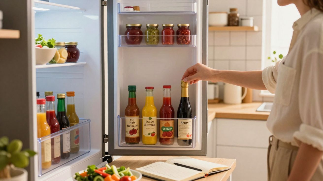 Pessoa pegando garrafa com molho dentro da geladeira organizada, com pratos e caderno na bancada da cozinha.