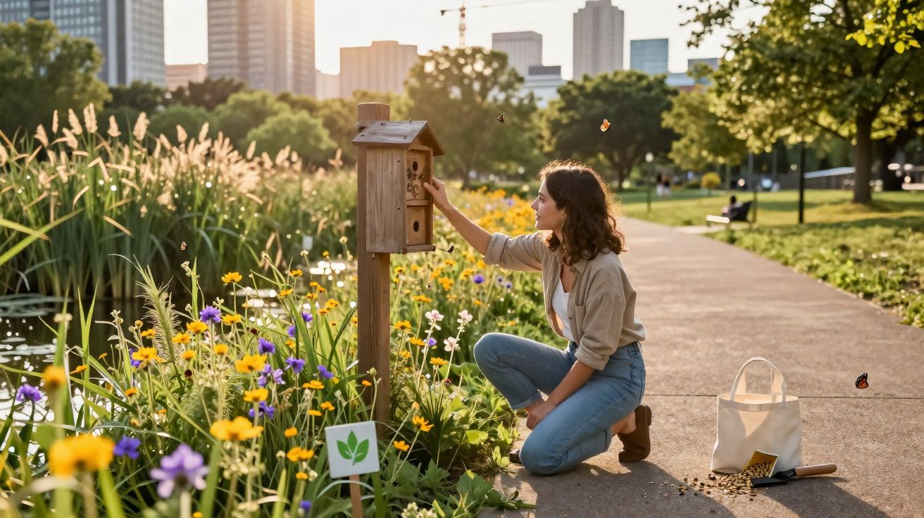Mulher agachada em jardim urbano cuidando de caixa de insetos ao lado de flores e borboletas ao pôr do sol.